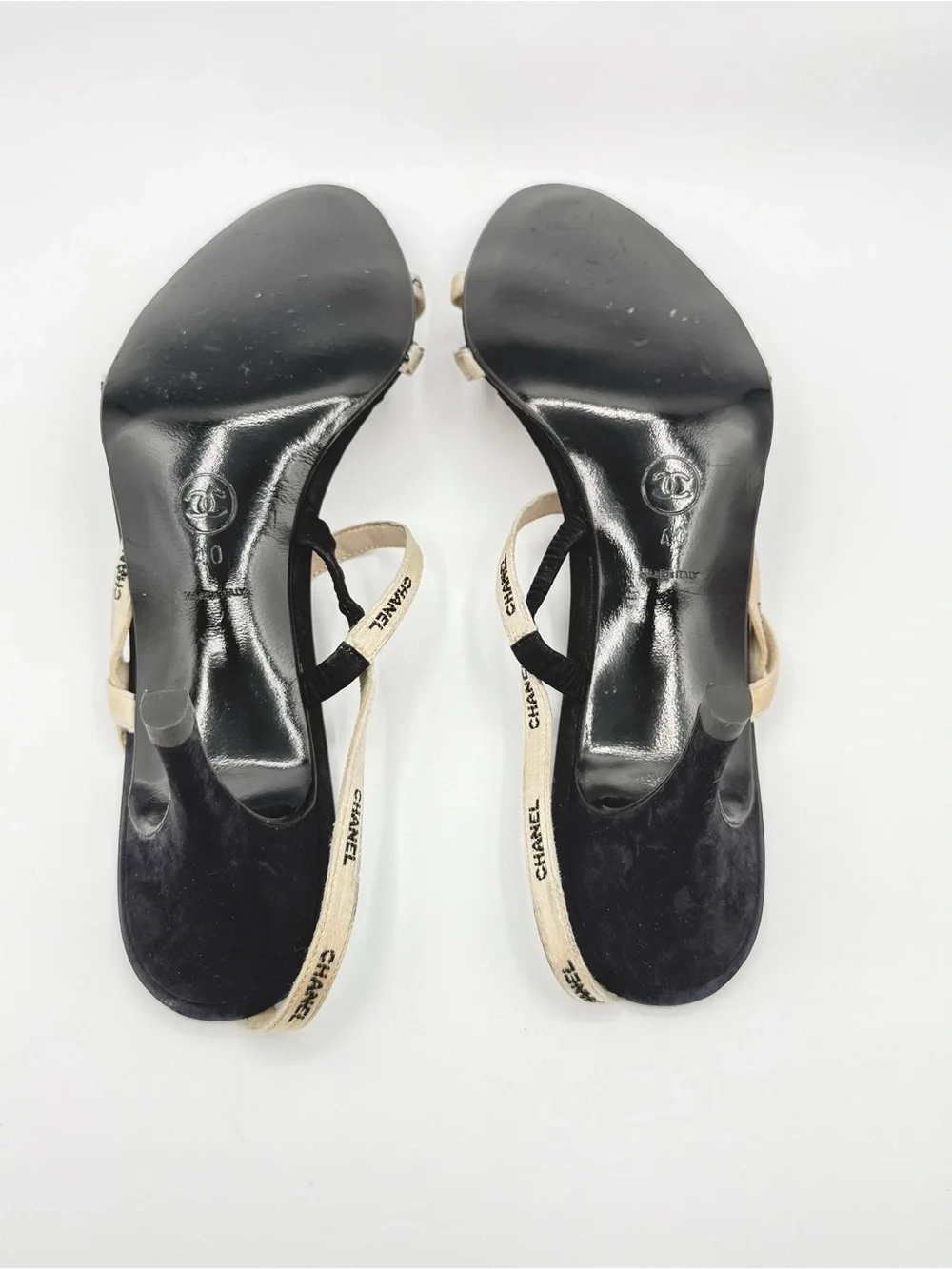 Vintage Chanel heeled sandals with white logo satin ribbon straps size 40